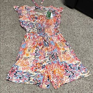 Ichi Colorful Patterned short Romper with keyhole neck and drawstring waist